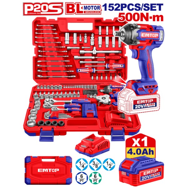 EMTOP JGO DE 152 PZAS+LLAVE DE IMPACTO 500NM 20V