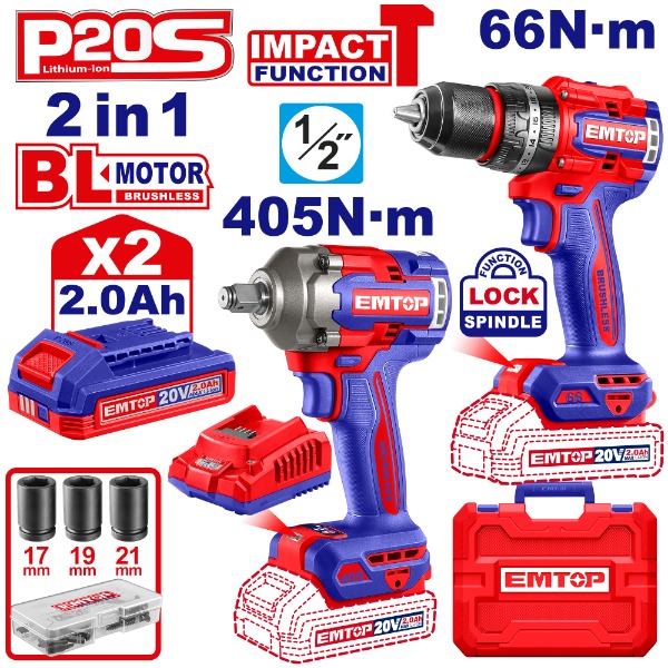 EMTOP KIT TALADRO+LLAVE DE IMPACTO+2BAT 20V 2AH+ACC